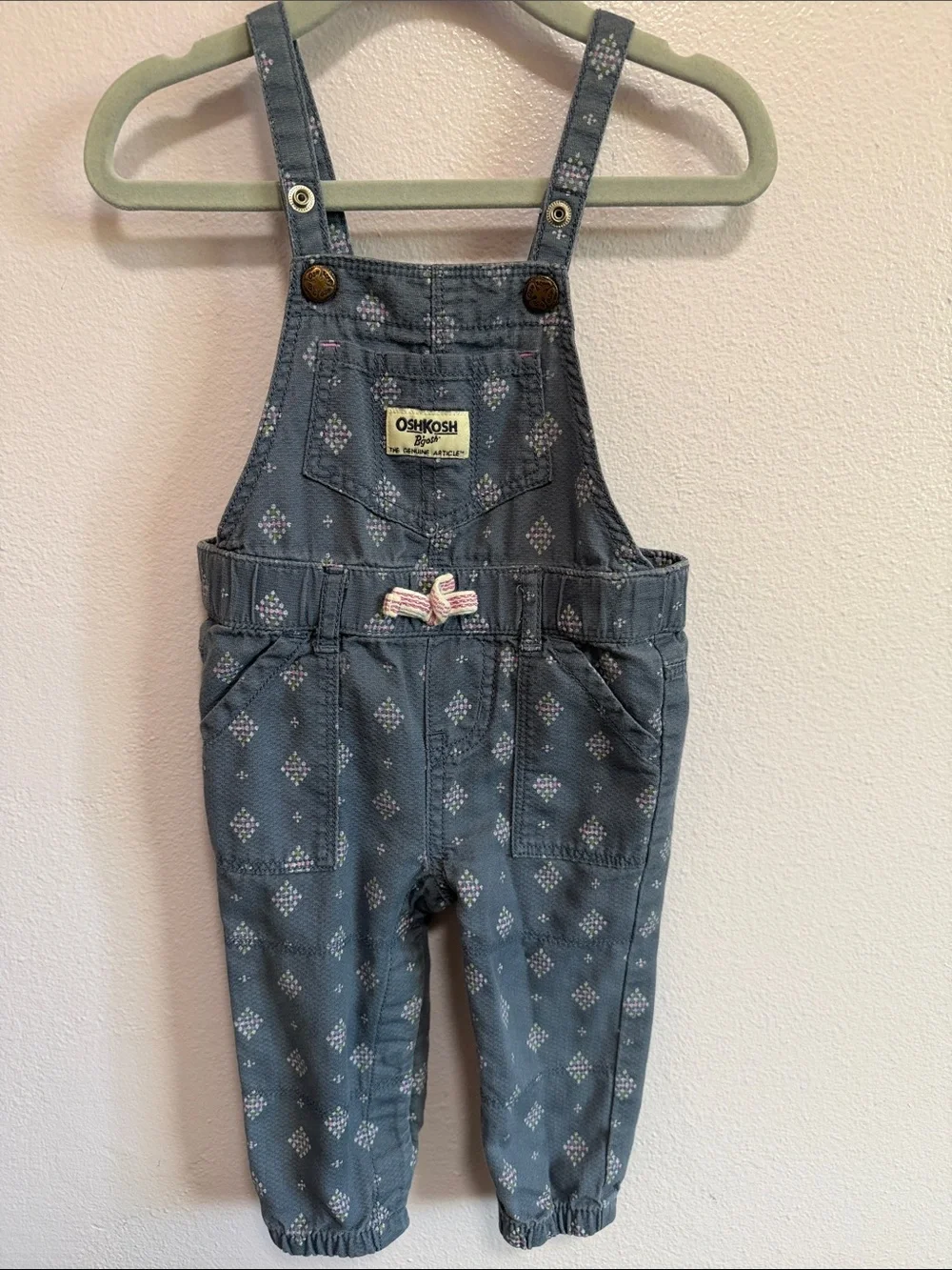 OshKosh B'gosh Slate Blue Printed Kids Overalls with Pink Bow Accent